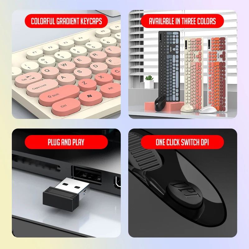 RAIKU R901 Drahtlose Tastatur Maus Set Nette Punk Gradienten Tastenkappen USB Wireless Business Tastatur Maus Set Laptop Tippen Büro