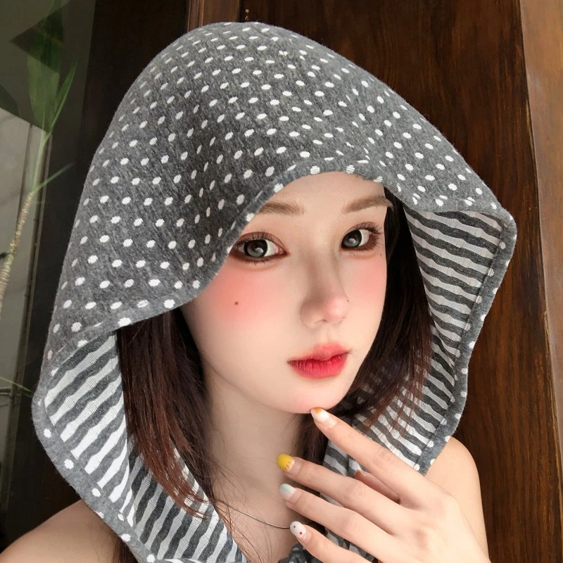 Korean Double-sided Wear Polka Dot Stripe Strap Bomber Hat for Women Spring and Autumn Big Head Ear Protection Pullover Cap