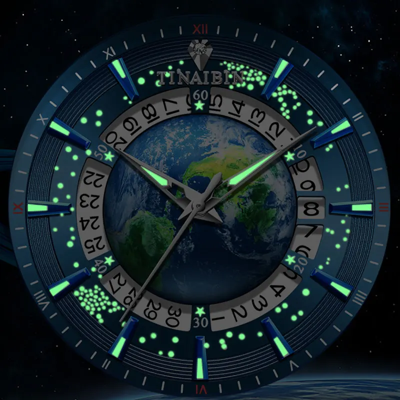TINAIBIN 2024 New Design Mechanical Man Watch Waterproof Fashion Casual Silicone Strap Earth Watch