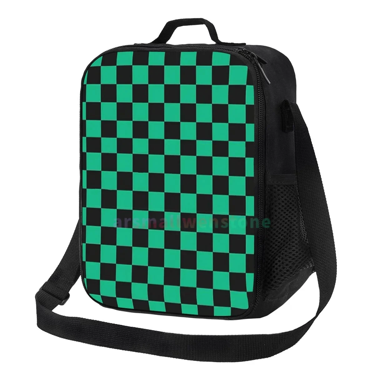 

Black And Green Grid Lunch Bag Portable Thermal Insulated Lunch Box Picnic Multifunction Food Tote for Women