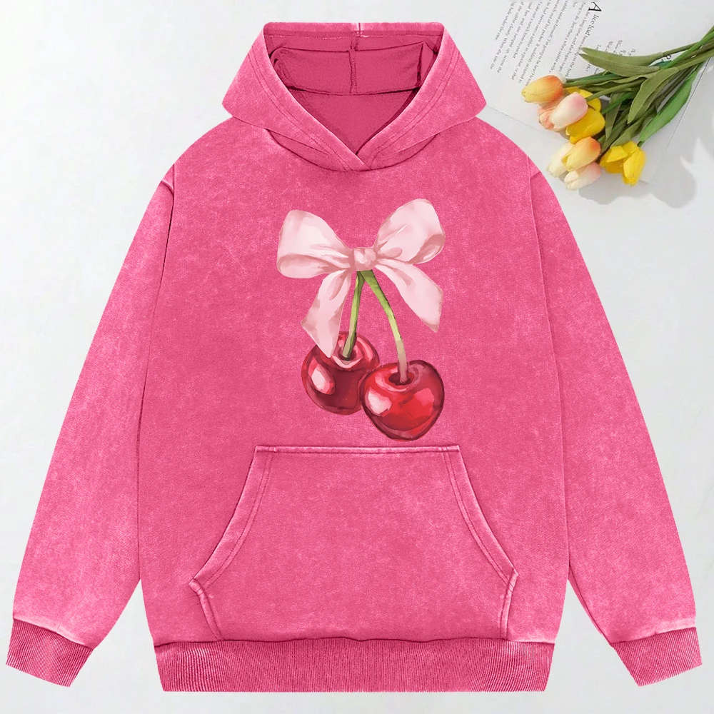 Bow Cherry Art Printed Women Washed Hoodies Cotton Creativity Clothing Hip Hop Fashion Sportswears Oversized Female Hoody