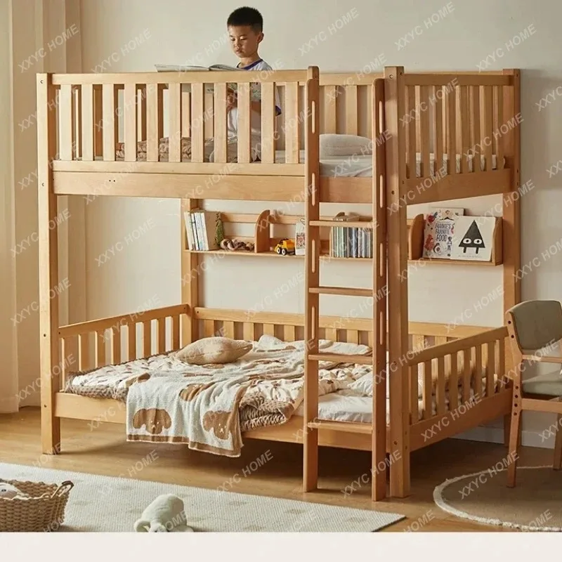 

Q Double-Layer Solid Wood Height-Adjustable Bed up and down Raised Guardrail Children's Beech Bed