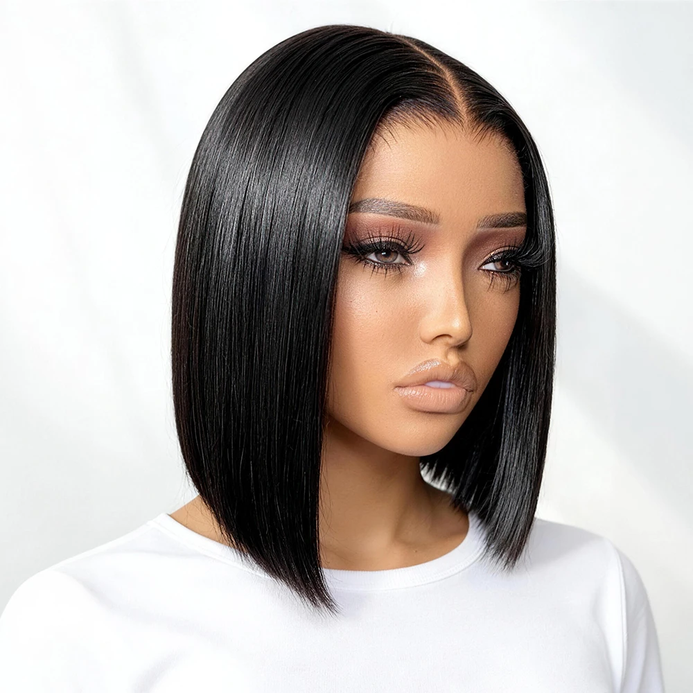 250% Dichte Glatte Kurze Bob-Perücke 100% Echthaar 7x5 13x4 Lace Front Klebefreie Vorgezupfte Natürliche Haarlinie Sofort Tragbar für Schwarze Frauen Tägliches Styling
