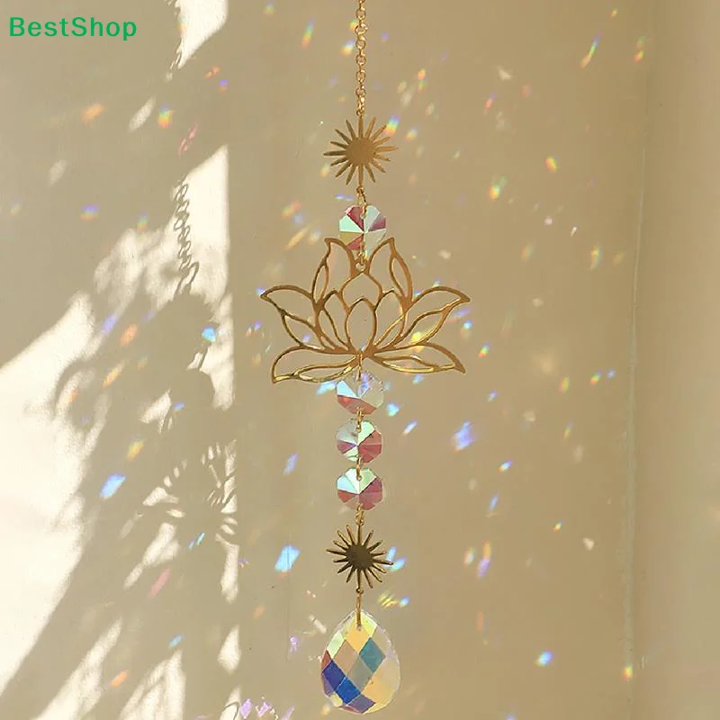 ♬Sun Catcher Crystal Lotus Hanging Crystal Colored Glass Sun Catcher Outdoor Decoration Rainbow Maker Prism Chakra Garden Decor