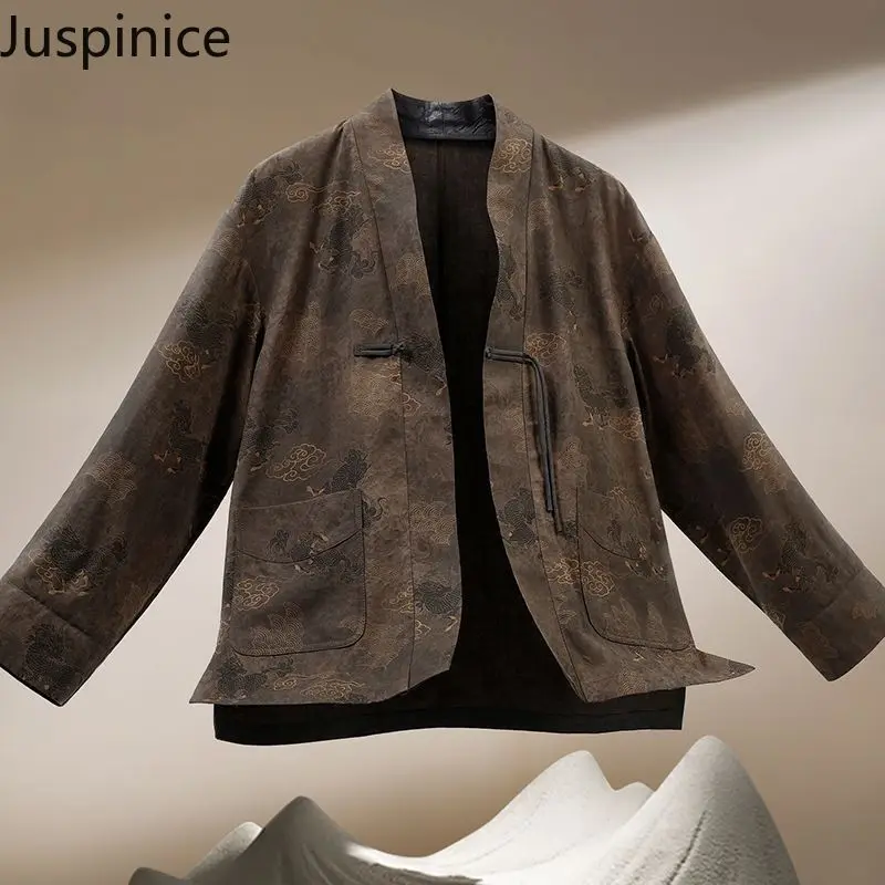 

Juspince новая модная высококачественная мужская куртка в китайском стиле в стиле Тан с весенне-осенним дизайном и свободным кроем