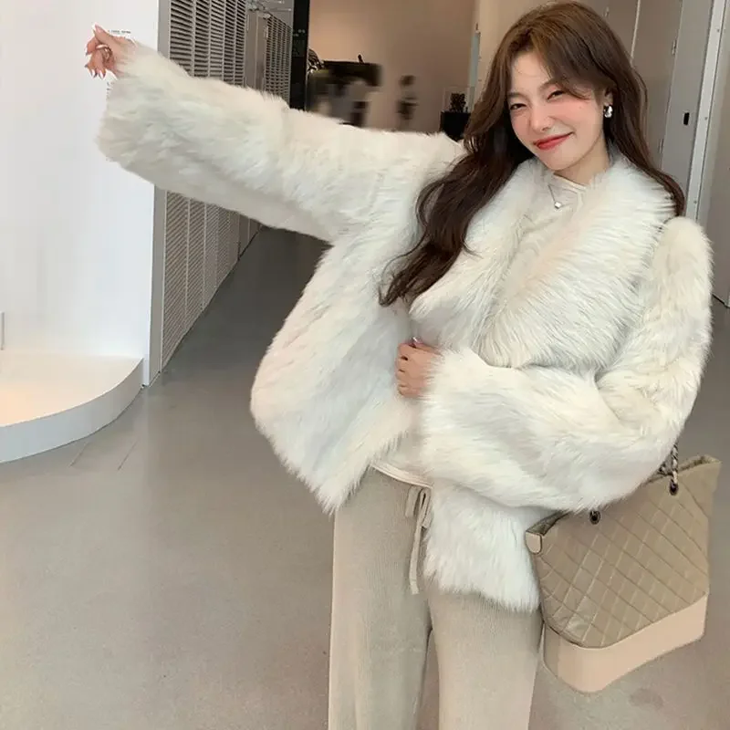 Winter New Women Temperament Faux Fur Coat Female Niche Trend Suit Collar Solid Color Outcoat Warm Casual Versatile Outerwear