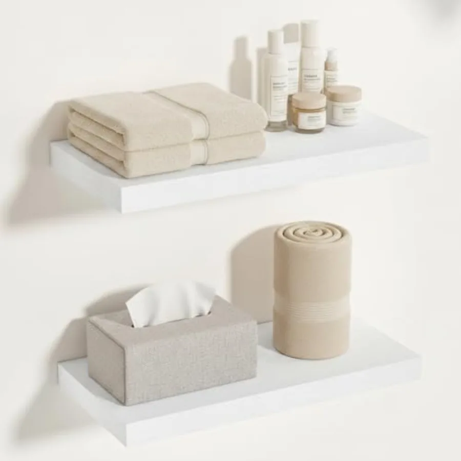 

White Floating Shelves Over Toilet 12 Inches Deep, 16x12 Floating Shelves for Wall with Invisible Brackets, Room Shelves for Li