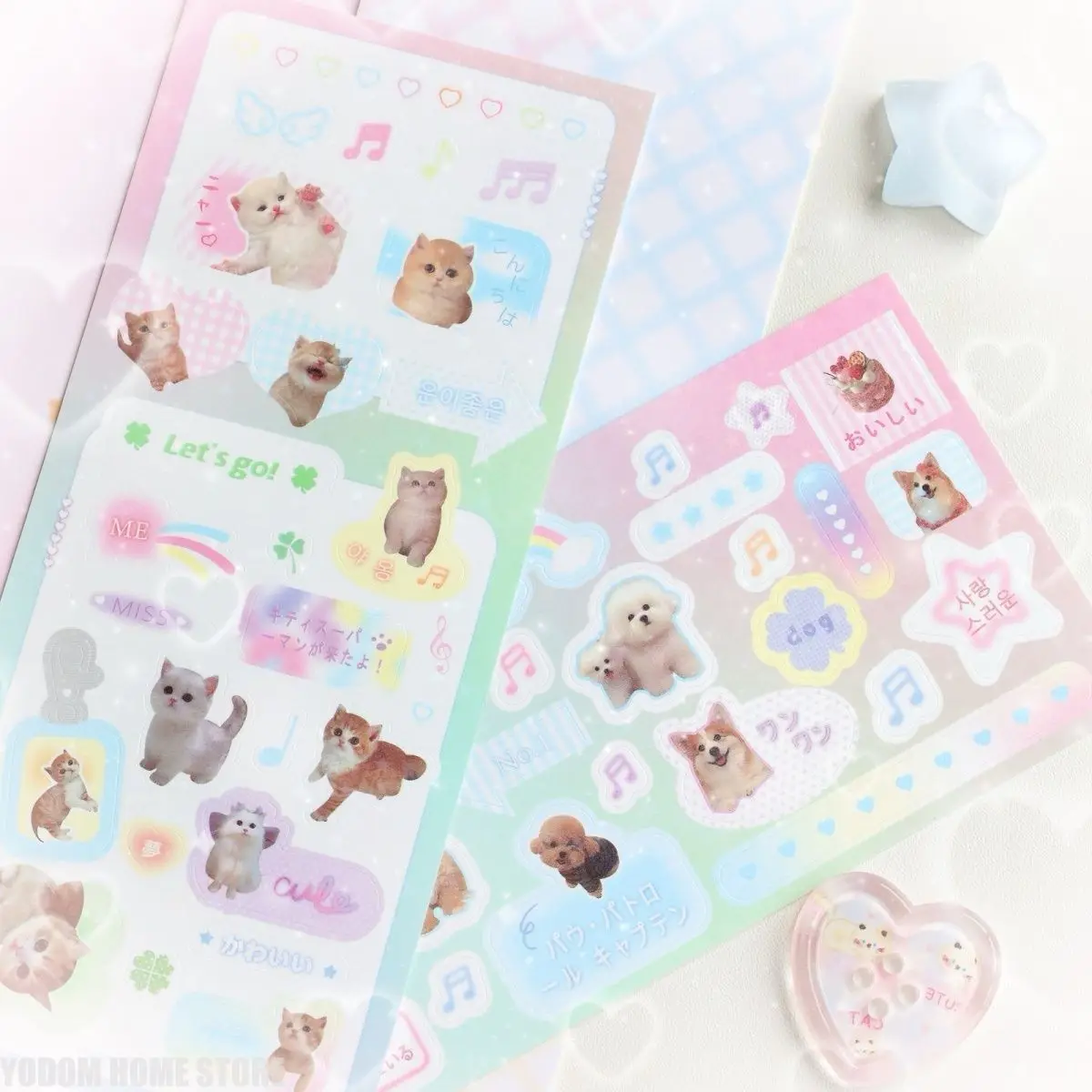 

5Pcs Cute Cartoon Sweet Animal Glitter Stickers, Clover & Apple Shape Decorative Stickers for Diary Scrapbooking