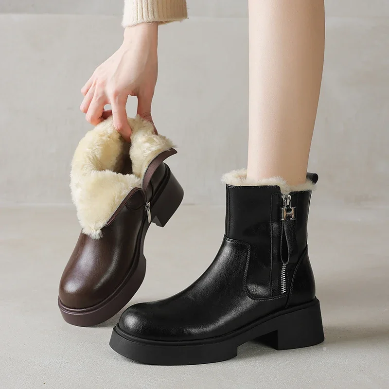 2026 new autumn winter women ankle boots natural leather plus size 22-25cm split leather+wool low heel side zip short boots