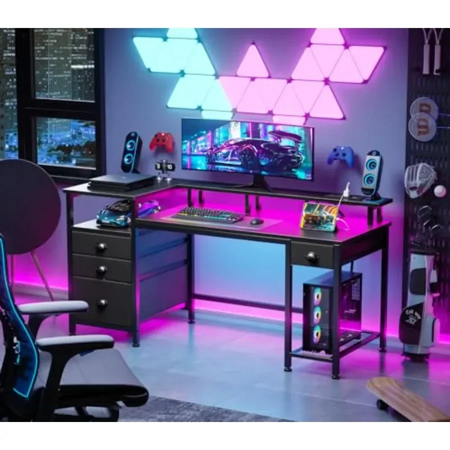 Gaming desk for home office use, engineered wood in black, featuring 4 drawers, printer space, LED lights, USB power outlets, f