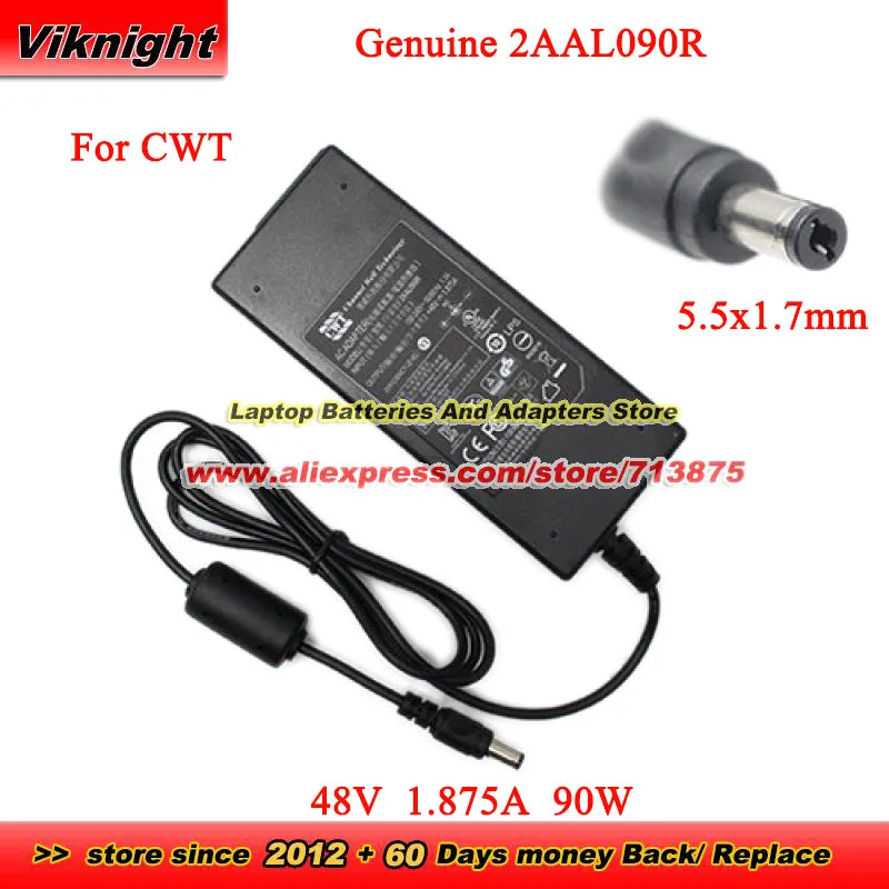 Genuine CWT 2AAL090R AC Adapter 48V 1.875A 90W KPL-065S-II Charger for HIKVISION HILOOK NVR-104H-D/4P NVR-108-B/8P/M 5.5x1.7mm