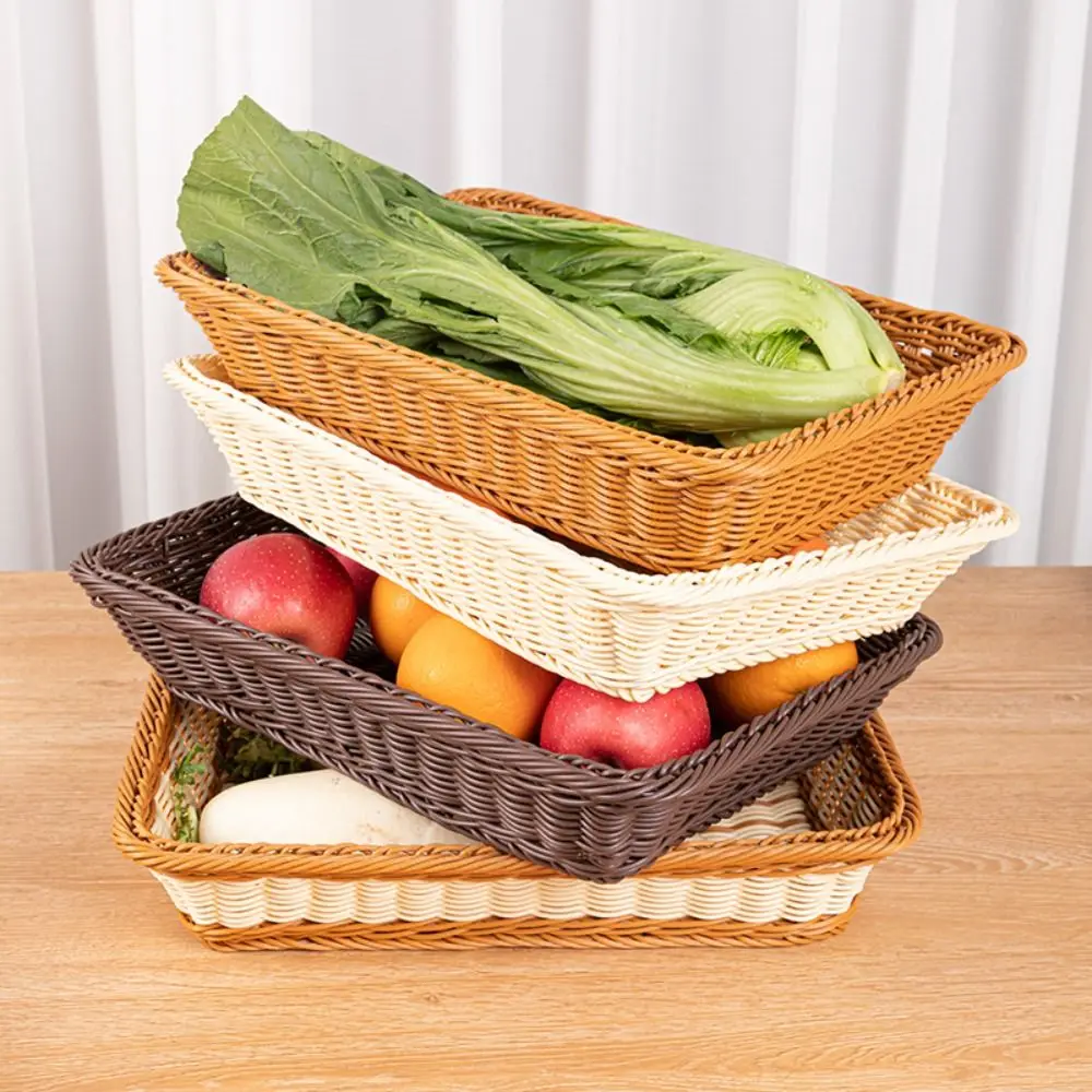 Multicolor Kitchen Storage Basket Woven Pattern Plastic Display Basket Vegetables Candy Snacks Rectangle Organization Box