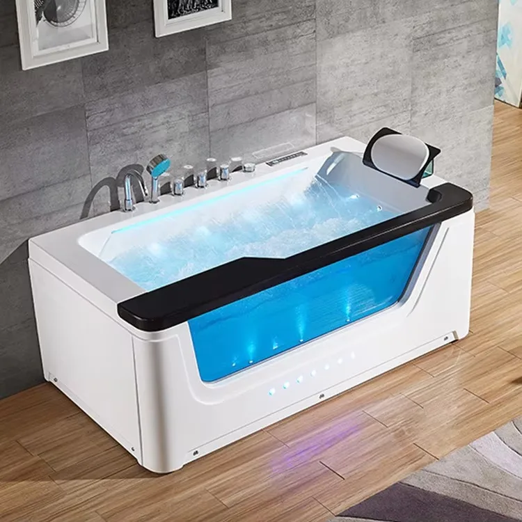 Bathroom Indoor Hotel Luxury Freestanding Acrylic Whirlpool Massage Tub with Hydromassage & Air Massage LED Lights Modern Design