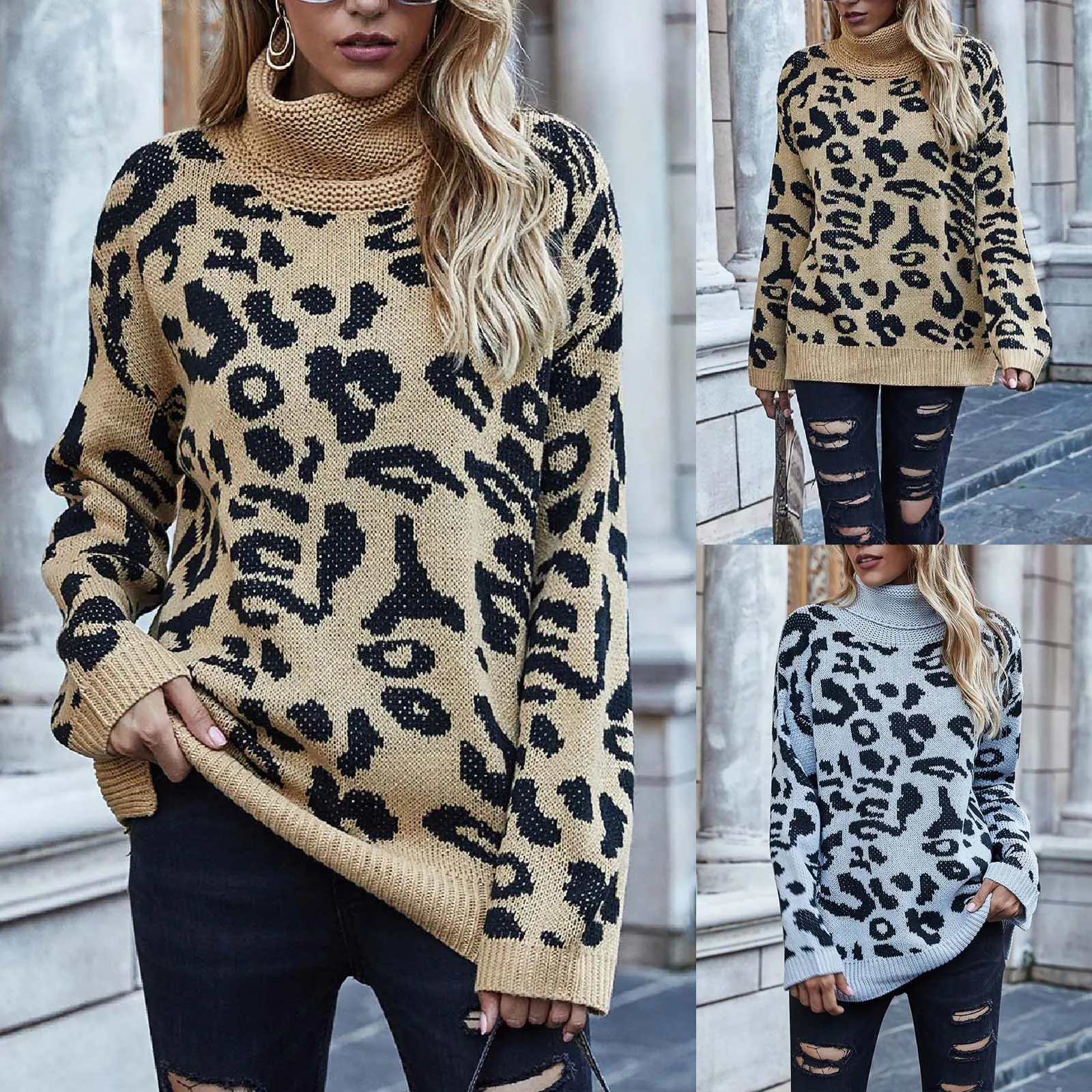 

2023 Ladies Leopard Print Turtleneck Sweater Autumn Long Sleeve Pullover Spring Fashion Loose Casual Oversized Sweater Pullover