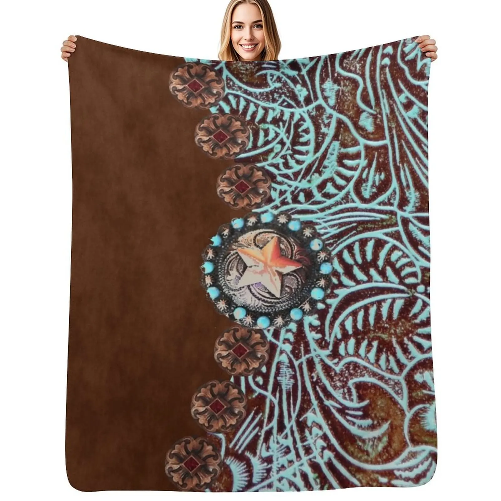 Primitive cowboy cowgirl western country brown turquoise Throw Blanket All Season Soft Lightweight Blanket for Home