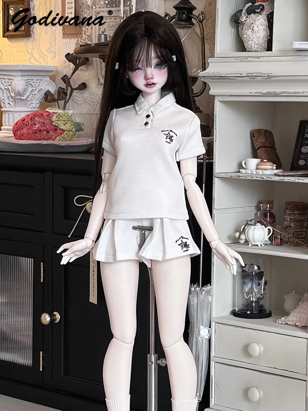 1/4 BJD Doll Clothes School Uniform Outfit White Polo T-shirt Pleated Mini Skirt Embroidery Sport Casual Set for Large 1/4 BJD