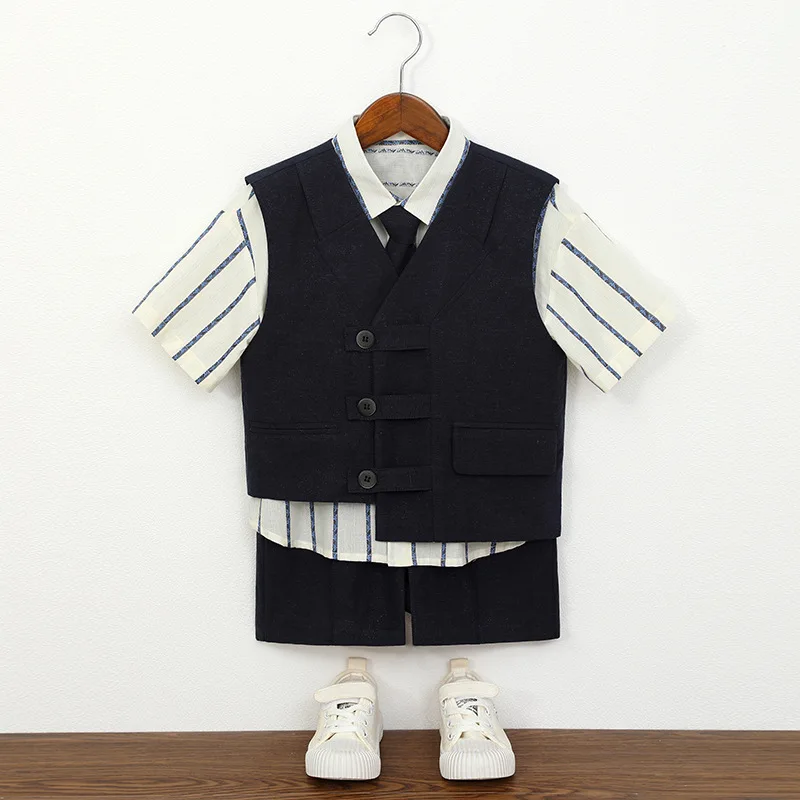 Boys' Summer Short Sleeve Vest Set Flower Boy Baby First Birthday Suit Boys' Children's Day Host Piano Performance Costume