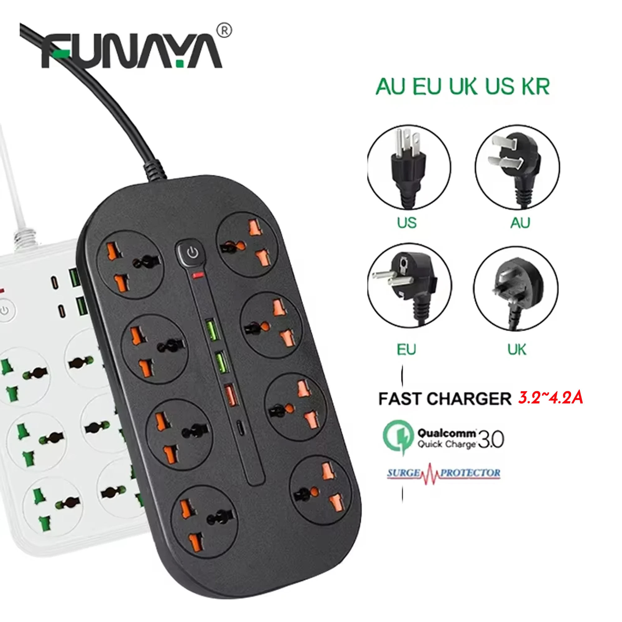 Universal Power Strip Extension Socket with USB Type-c EU US AU UK Multi Plug Overload Protection Power Electric AC110 220V