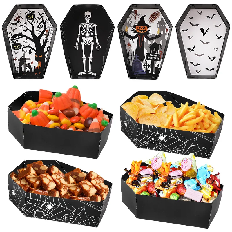 Plateaux de service alimentaire en papier pour Halloween, 12/24 pièces, cercueil d'horreur, collations, biscuits, coffrets cadeaux, fournitures de décoration pour fête d'halloween