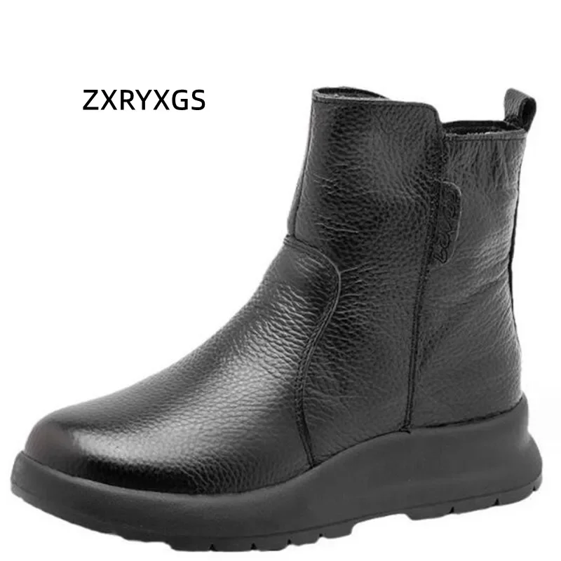 ZXRYXGS 2024 Inverno Nuovo Cuoio Genuino Stivali da Donna Cerniera Laterale Pendenza Piatta Tacco Scarpe di Cotone Casual Stivali da Neve di Lana Calda Marea