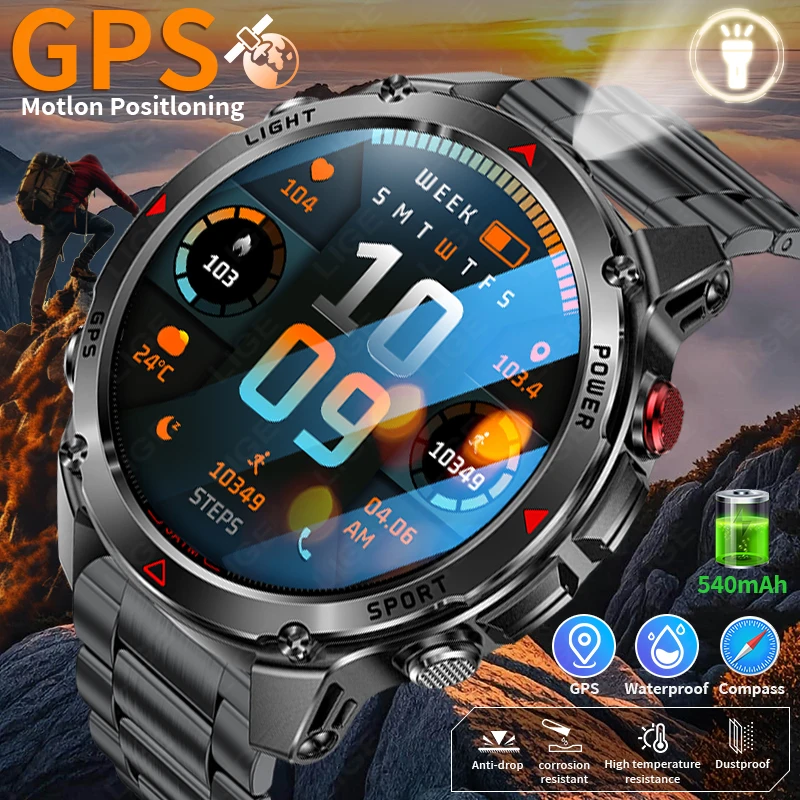 

New Outdoors GPS Track Smart Watch 360*360 Ultra HD Screen LED Flashlight Compass Sport Fitness Watches BT Call Smartwatches Men