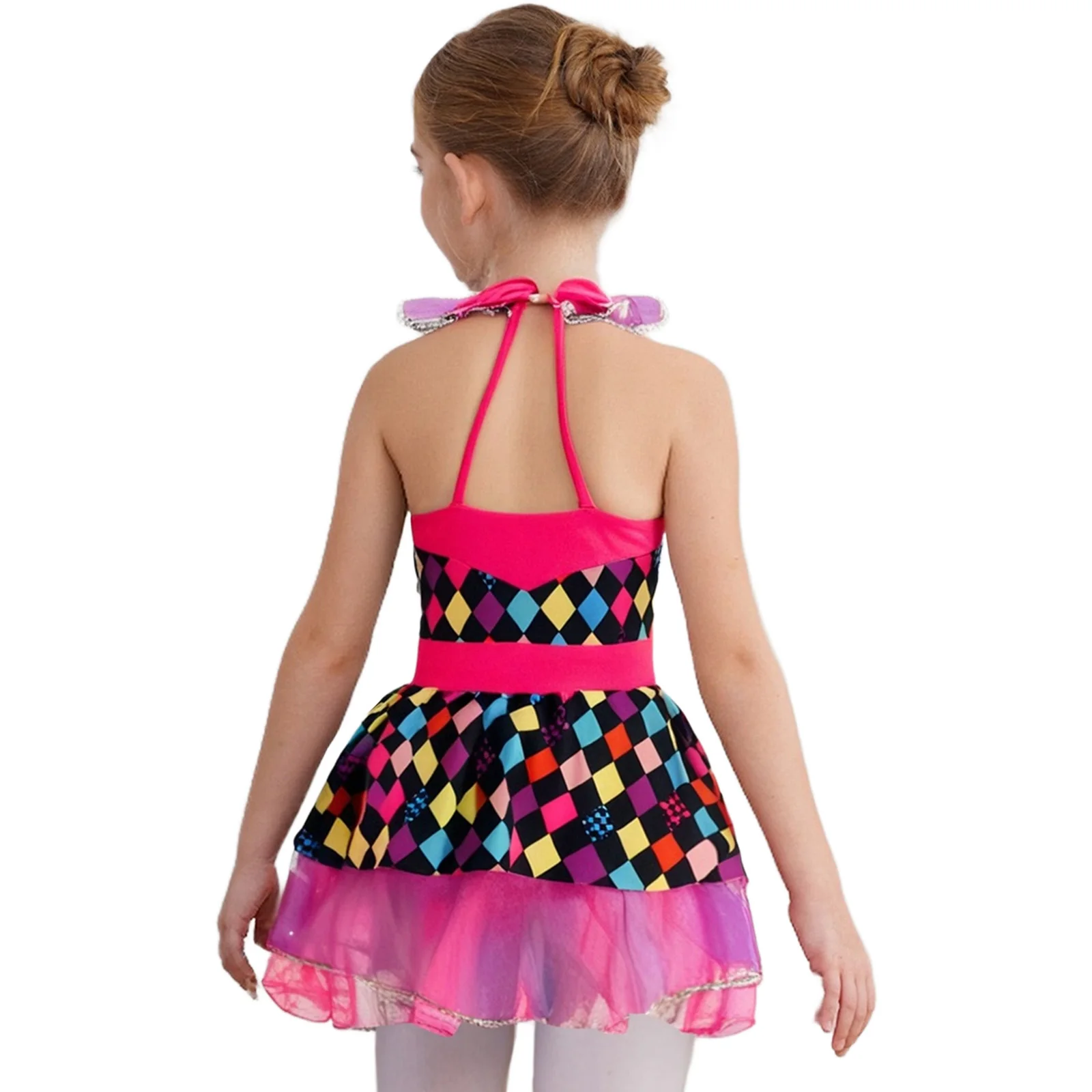 Kids Girls Circus Clown Cosplay Costume Sleeveless Argyle Print Mesh Ballet Dance Tutu Dress Halloween Carnival Party Dress Up