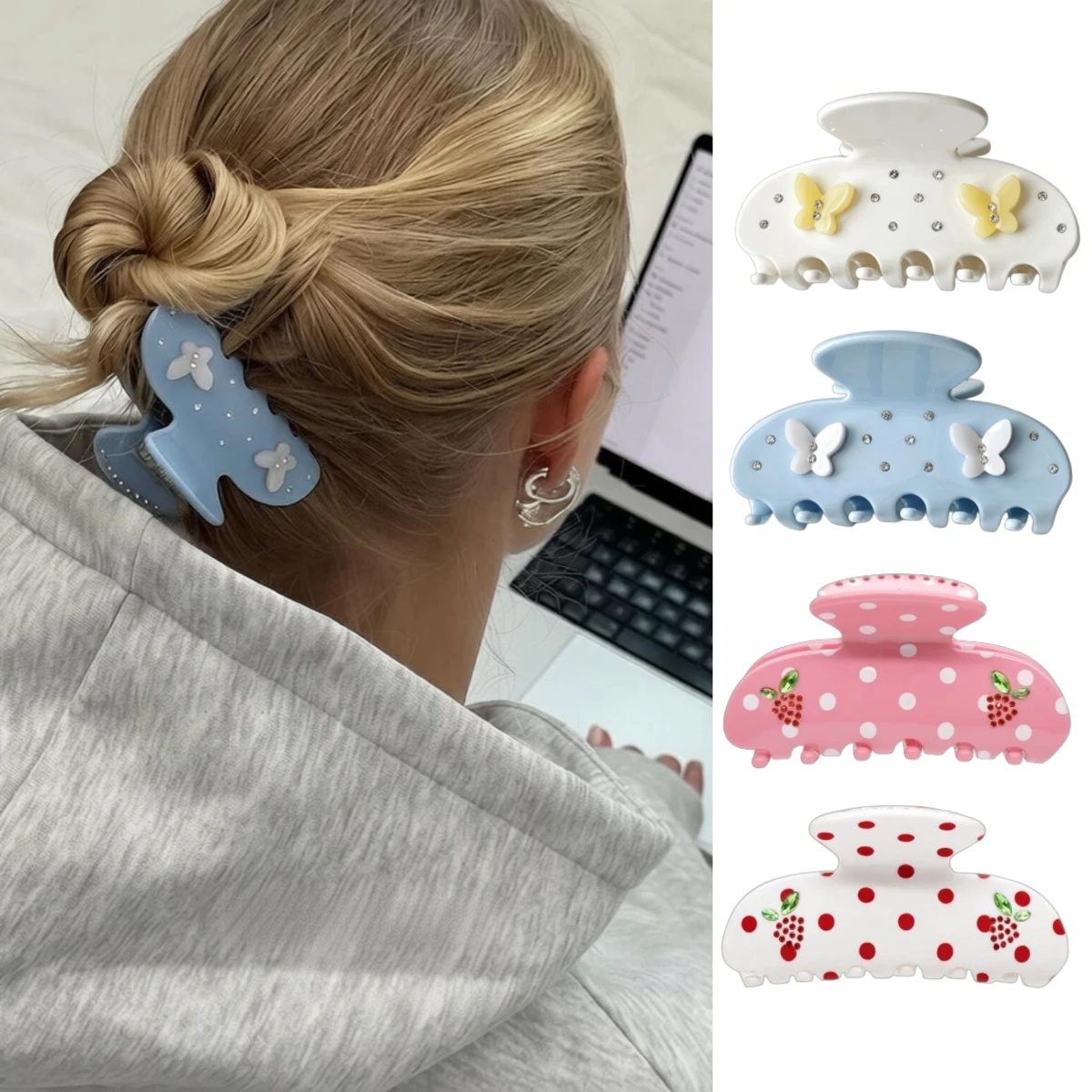 Rhinestone Butterfly Berry Hair Claw Clip for Women Medium Size Polka Dot Acetate Shark Clip Summer Vacation Hair Accessories