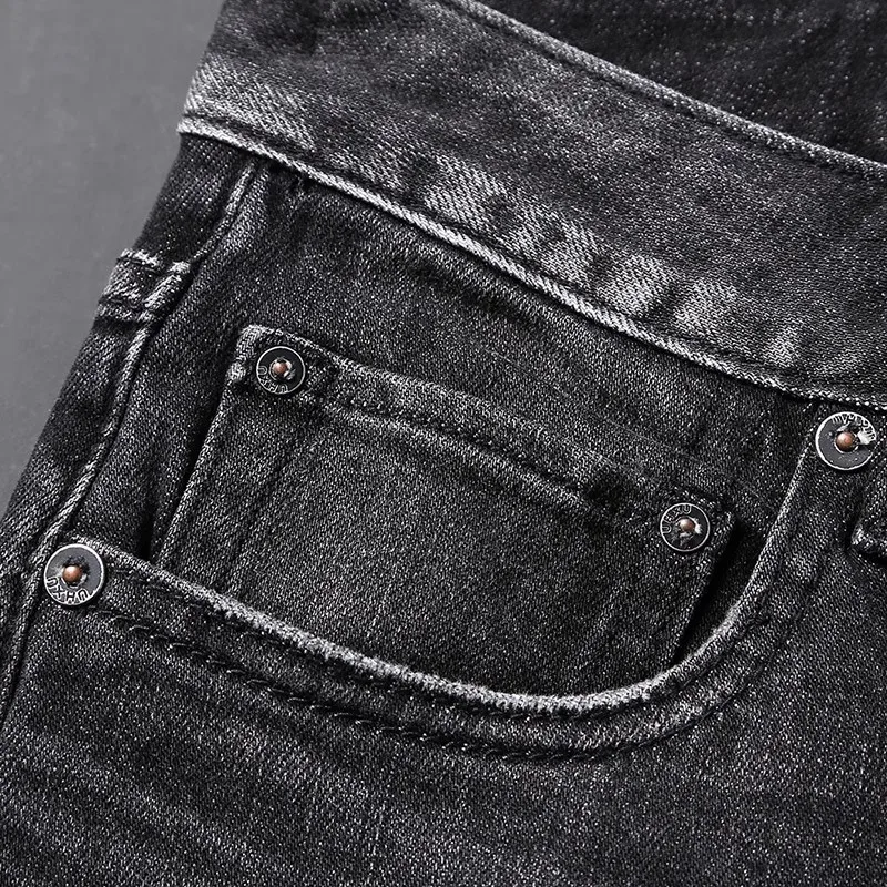 European Fashion Designer Men Jeans Retro Black Gray High Quality Elastic Slim Fit Ripped Jeans Men Vintage Denim Pants Hombre