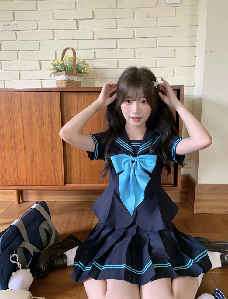JK Uniform Set Women Sweet Pink Cyanotic Sailor Suit Japanese School Uniform Sailor Skirt Set Bow Neck Short Sleeve Shirt