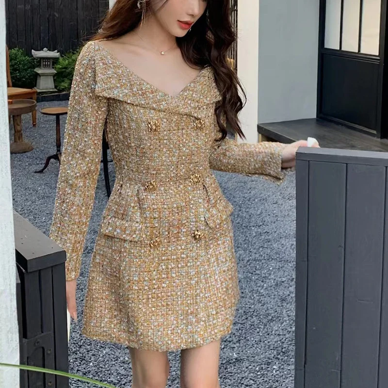 

High Quality Luxury Gold Tweed Dress Small Fragrance Slash Neck Vintage Elegant Long Sleeve Fashion Party Short Dress Autumn