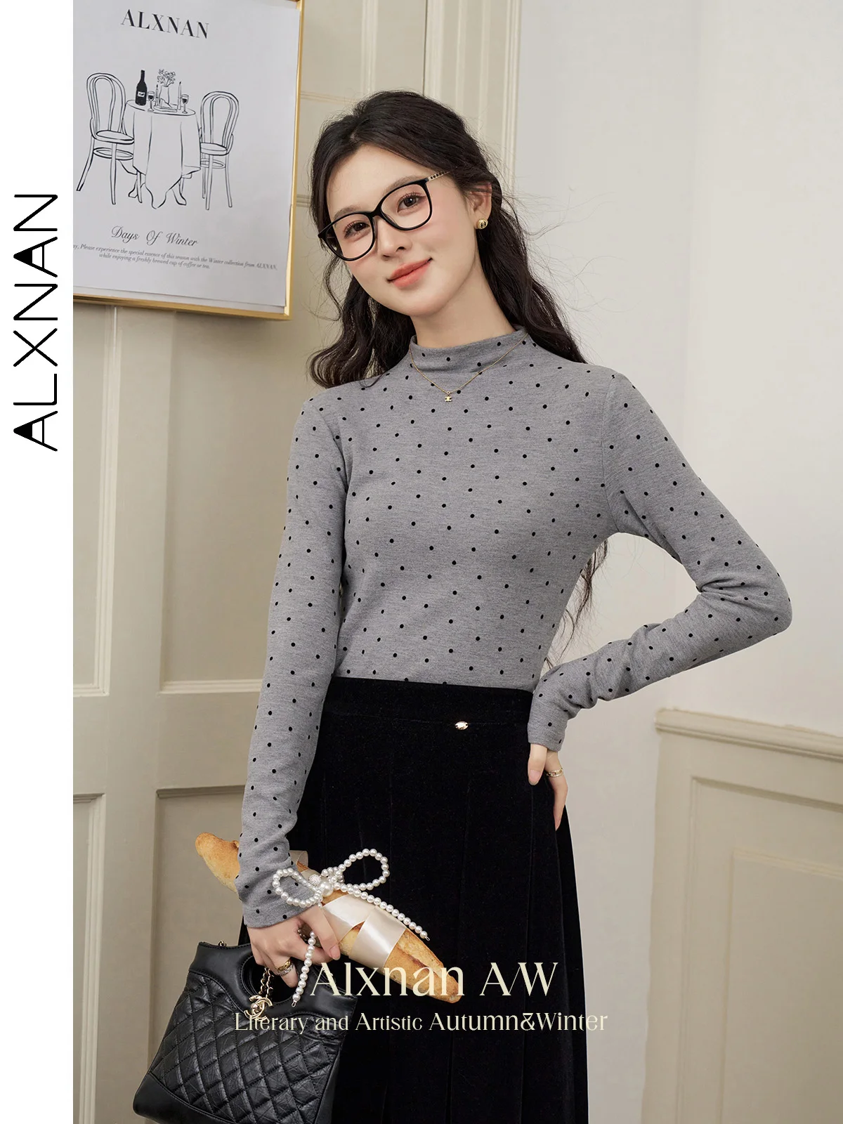 

ALXNAN Women's Knitted Inner Pullovers Soft Round Collar Long Sleeve Polka Dot Sweater 2024 Fall Winter Sold Separately L52138SY