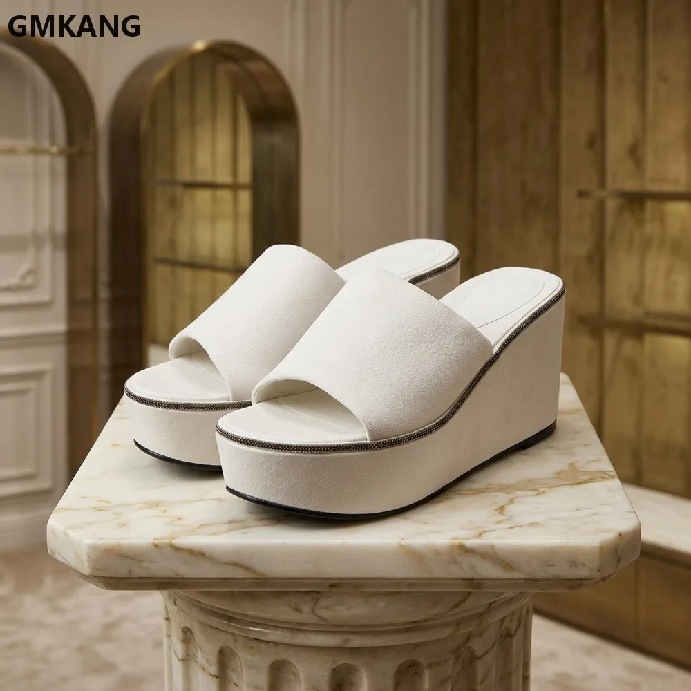 Summer Wedge Heels Slippers Women Platform Mule Shoes Suede Leather Slip-on High Heels Sandals Comfortable Bead Chain Slide