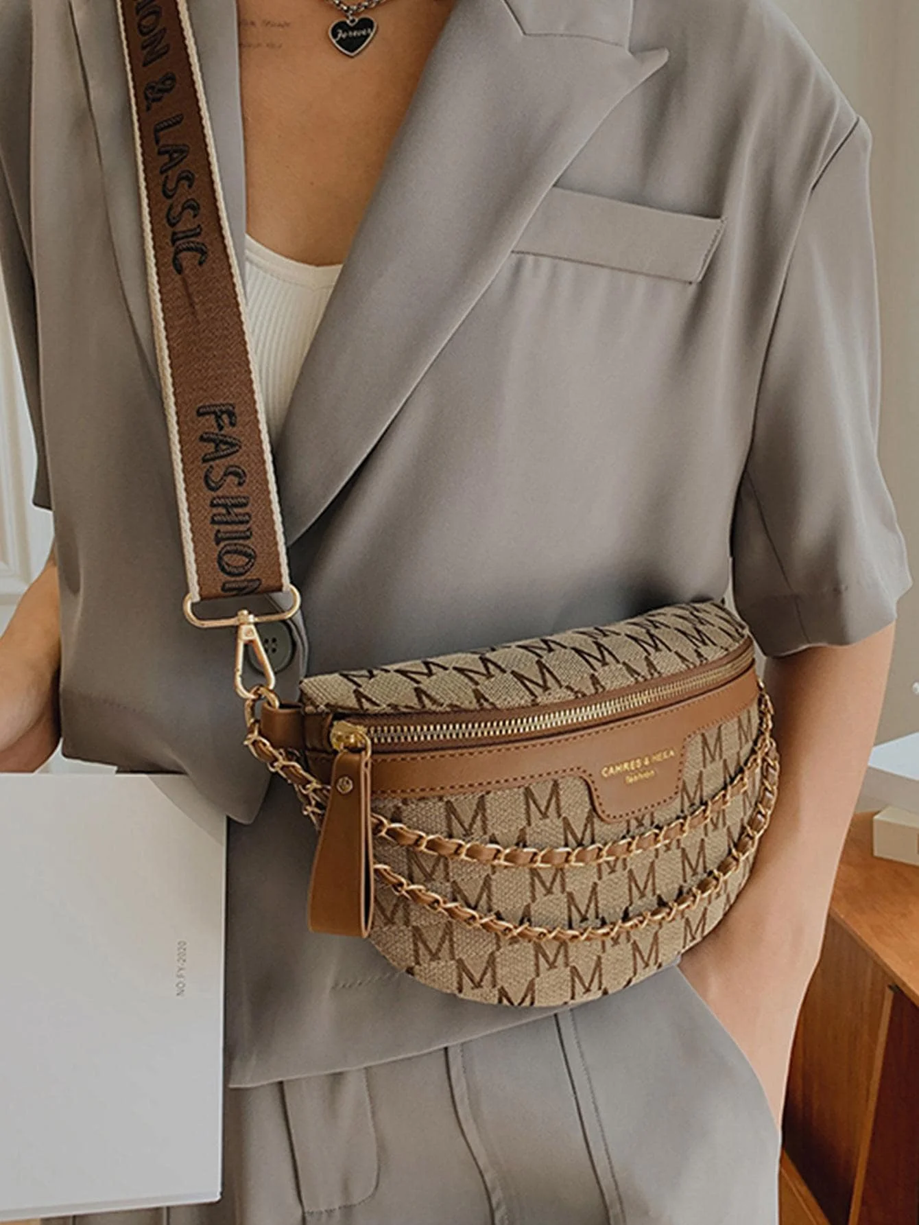 

Simple Fashionable Women's Chest Bag Casual Chain Decor Waist Bags, Fashion Print Letter Plaid Pattern Waist Bag