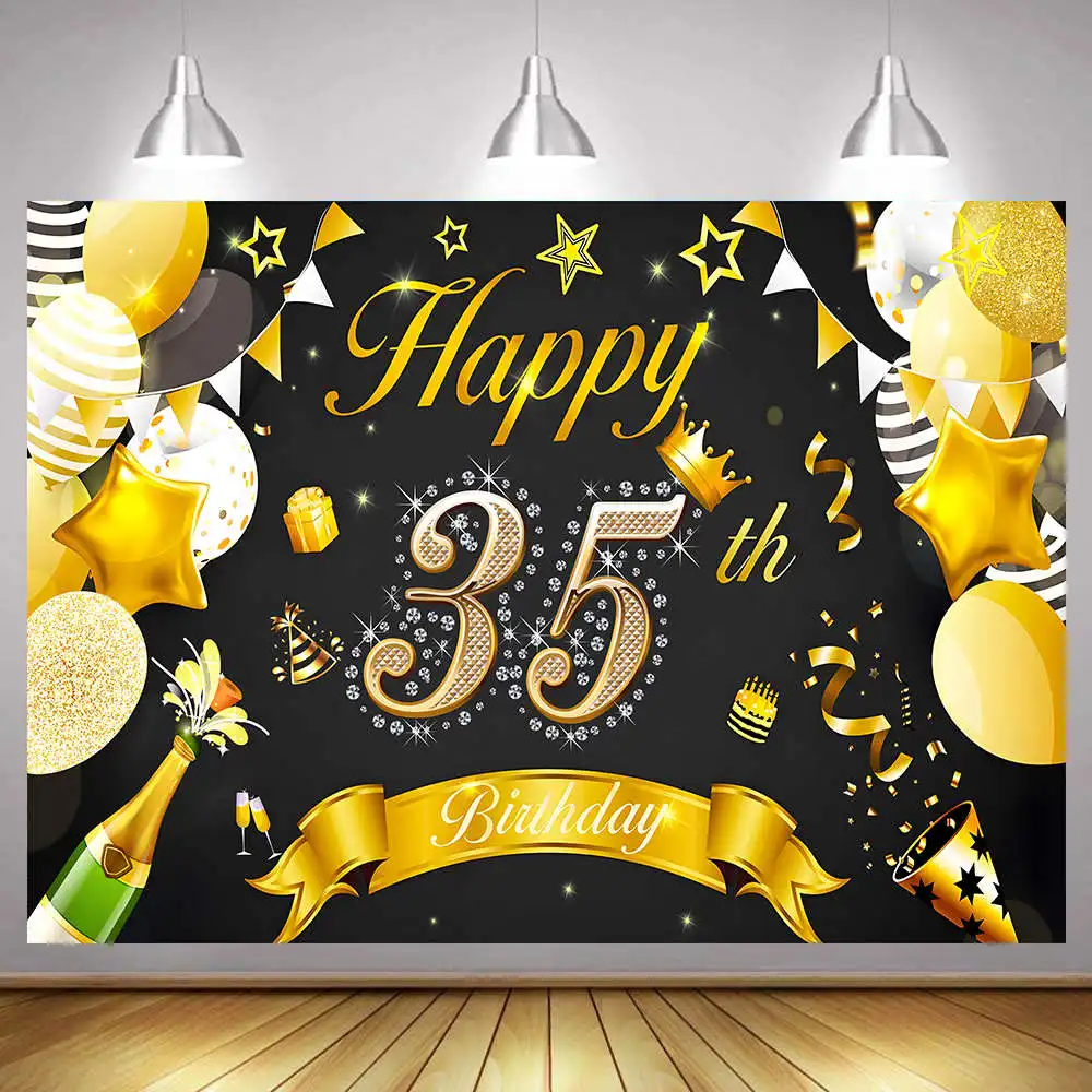 

Happy 35th Birthday Party Decor Banner Backdrop for Men Women 35 Year Old Black Gold White Siver Blue Photography Background