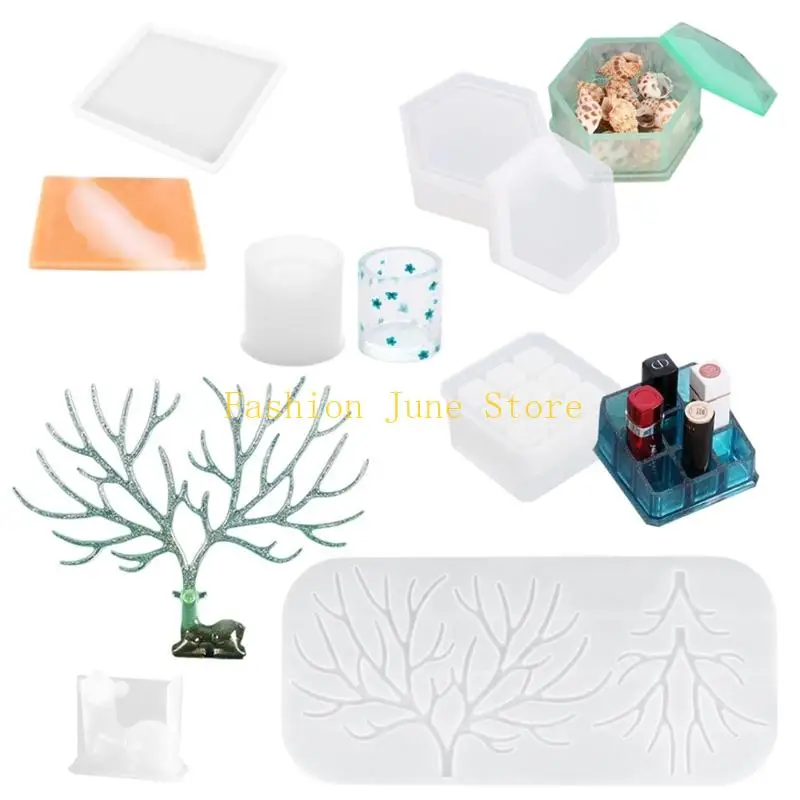 N5KA 1 Set Crystal Epoxy Resin Molds Deer Makeup Jewelry Display Tray Silicone Mould 9-Slot Lipstick Pen Holder Mold