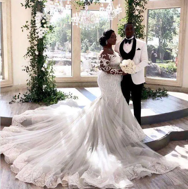 

South African Black Women Plus Size Wedding Dresses Sheer Neck Lace Illusion Long Sleeves Bridal Gowns Mermaid