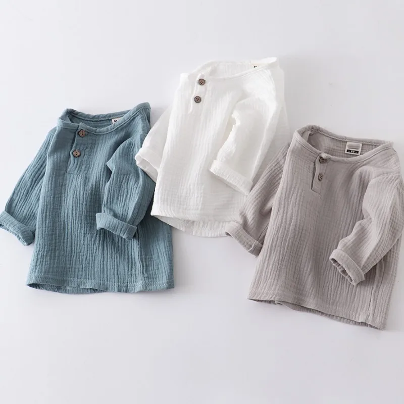 

Spring Summer Thin Loose Cotton Long-sleeved Top Babies Boy Versatile Solid Color Round Neck Shirt Unisex Loose Simple Tees