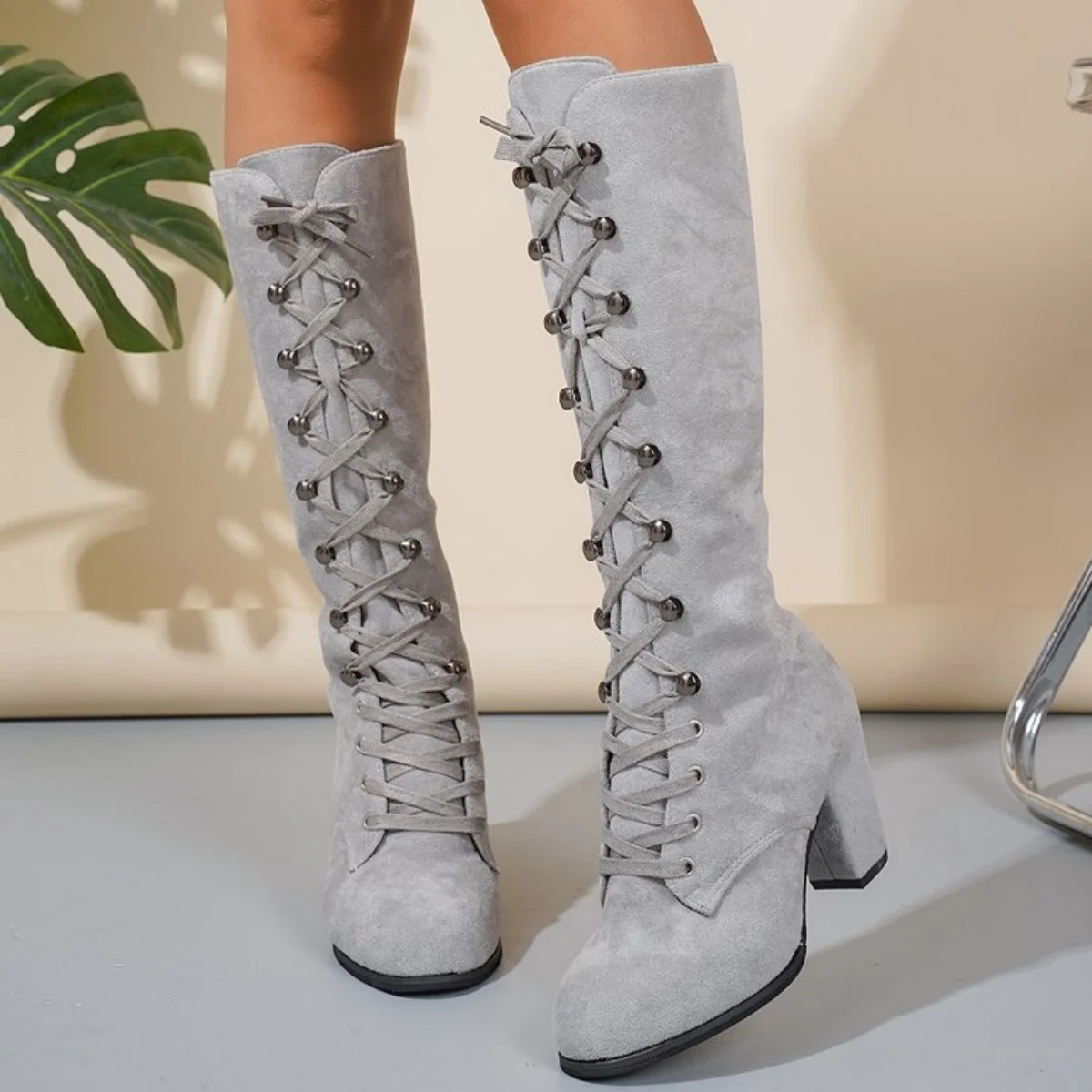 

New cross-border trade plus-size women's shoes with lace-up, chunky heels and fashionable high boots for autumn and winter 2025
