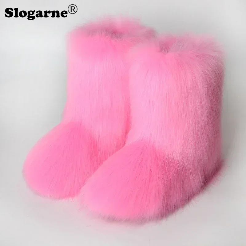 Women's Winter Faux Fox Fur Boots Outdoor Luxury Furry Snow Boots Woman Plush Warm Platform Shoes New Fashion Bottes Big Size 44