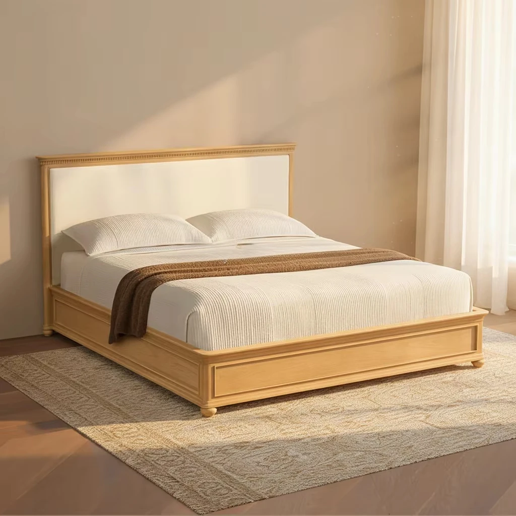 

OE-MYHOME Modern French Design Solid Oak Wood Frame High Quality Panel Platform Bed Queen/King Size Bedroom Furniture·