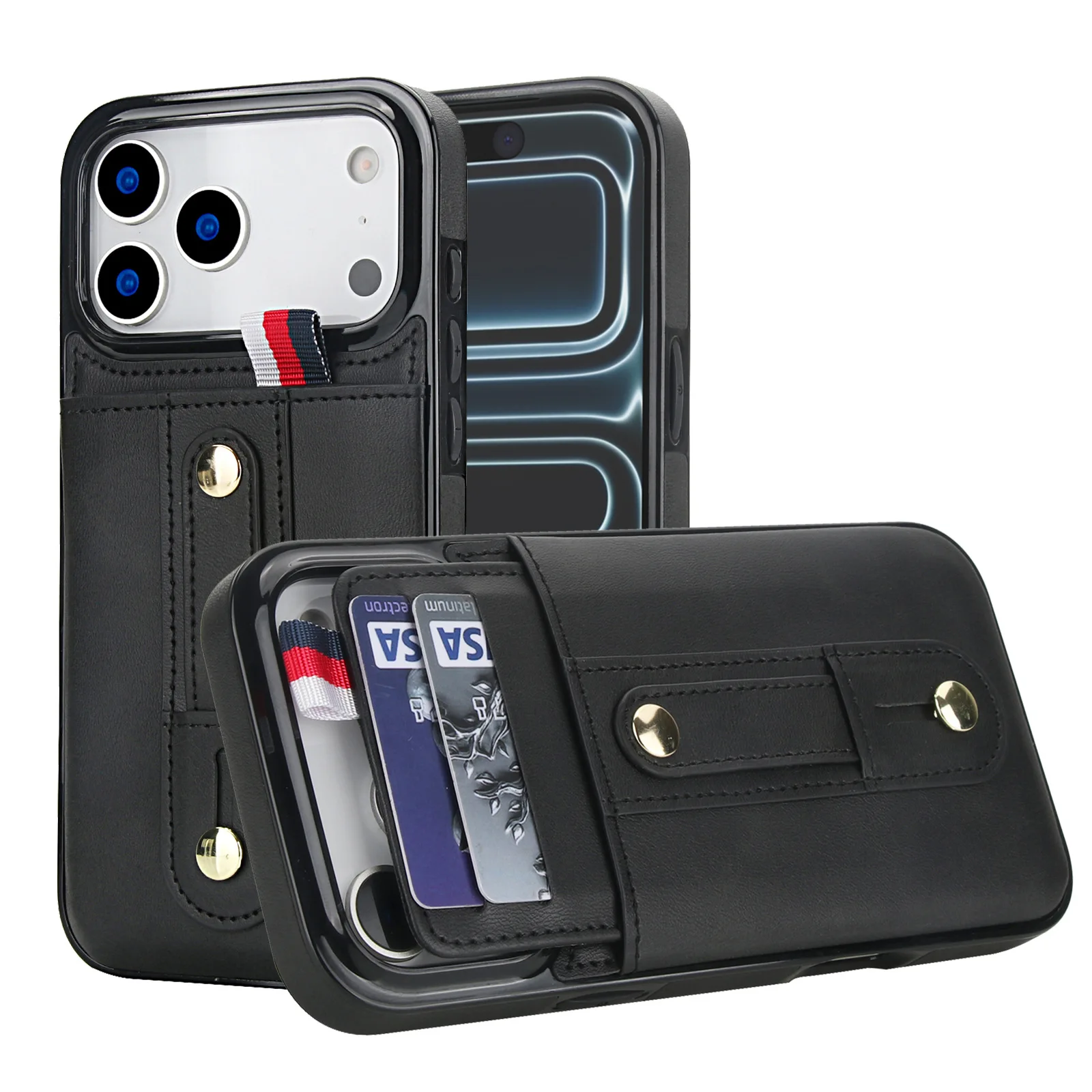 

Luxury Finger Ring Leather Phone Case for iPhone 13 11 12 14 15 16 17 Pro Max 16 Plus Wrist Strap Wallet Card Slots Cover