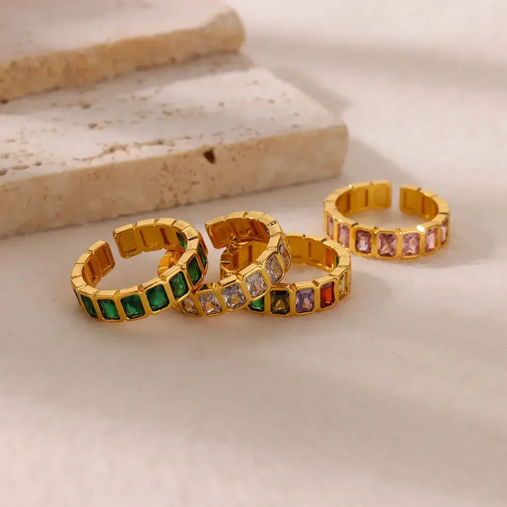 1/4 Pairs Adjustable Rectangle Copper Pave CZ Stone Golden Colorful Green Open Cuff Rings for Women Jewelry Set Christmas Gift