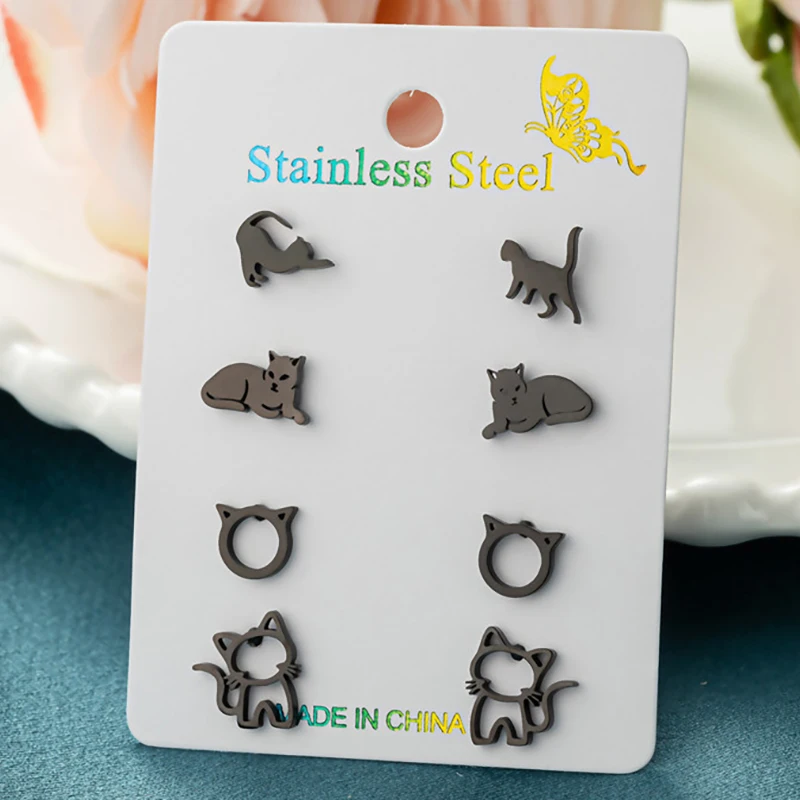 4Pairs/Lot Cute Cat Stainless Steel Stud Earrings for Women Girls Trendy Happy Kitty Earings Animal Body Jewelry Unusual Gift