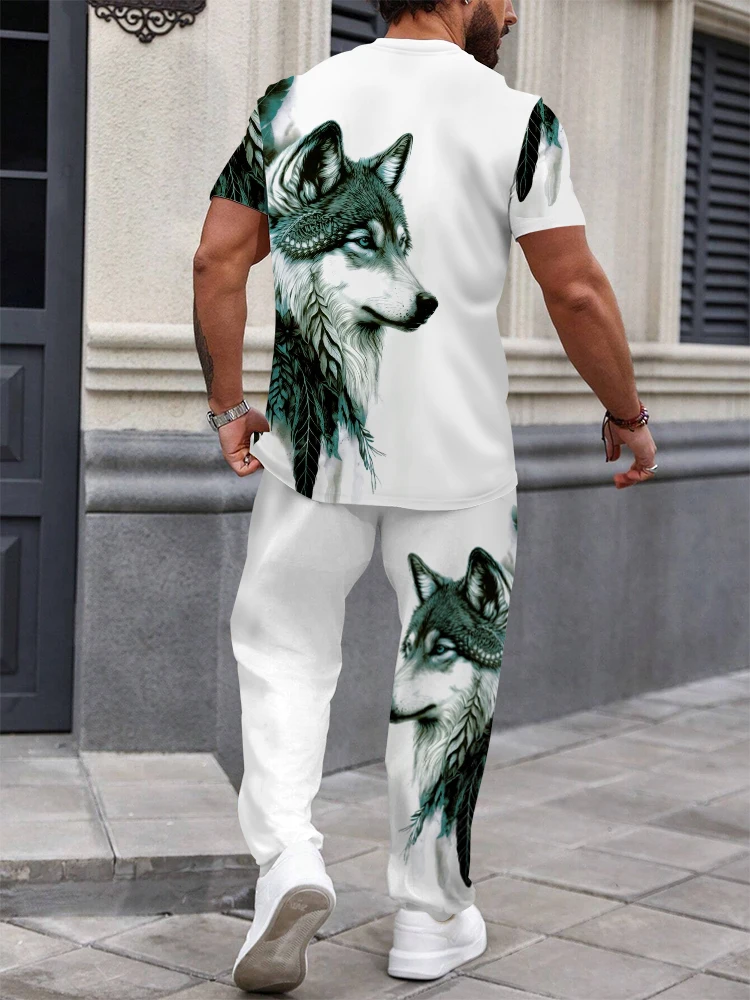 Lion print two-piece men\'s fashion wear Casual crew neck short sleeve T-shirt and trousers Summer men\'s vacation sports