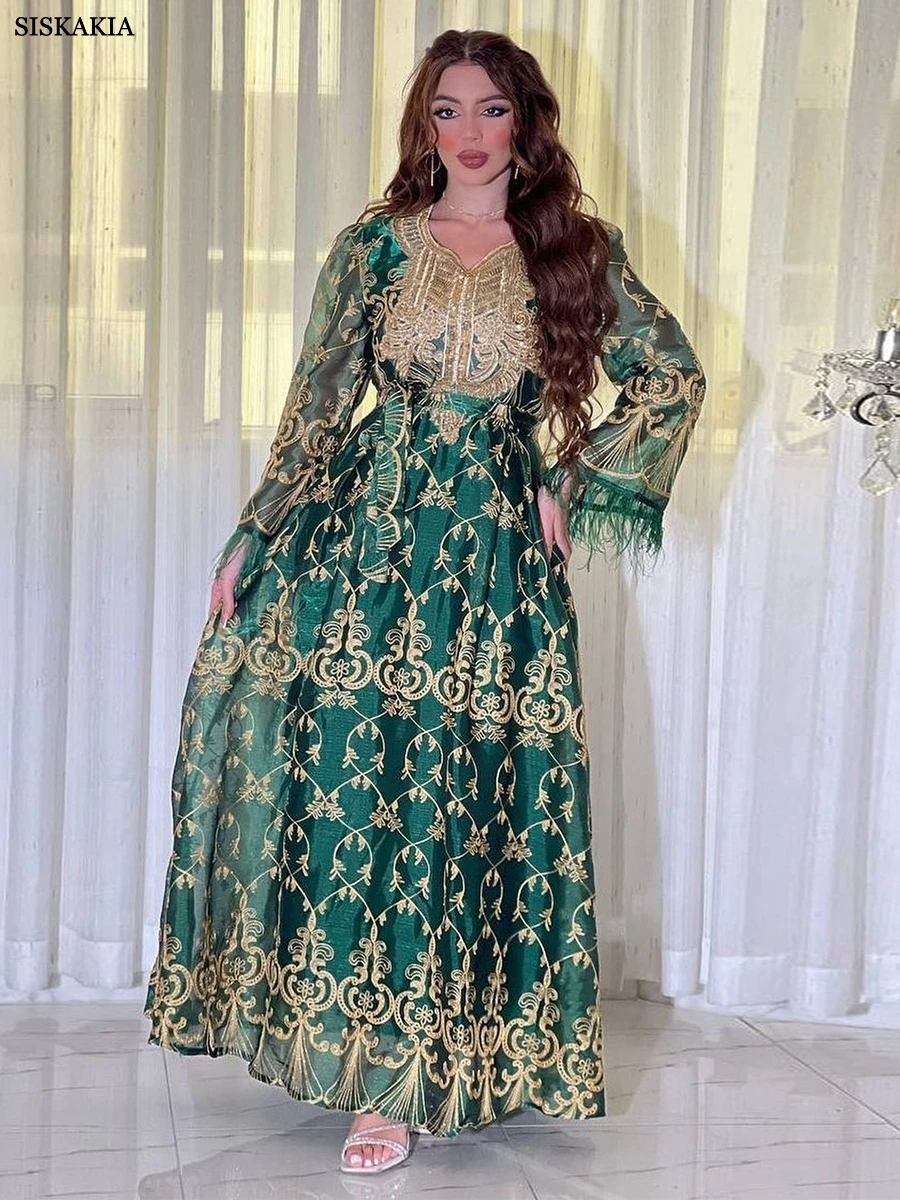 Siskakia Dubai Gold Floral Embroidery Sequins Feathers Patchwork Long Sleeve V Collar Ethnic Party Gown With Sashes Eid Al-Adha