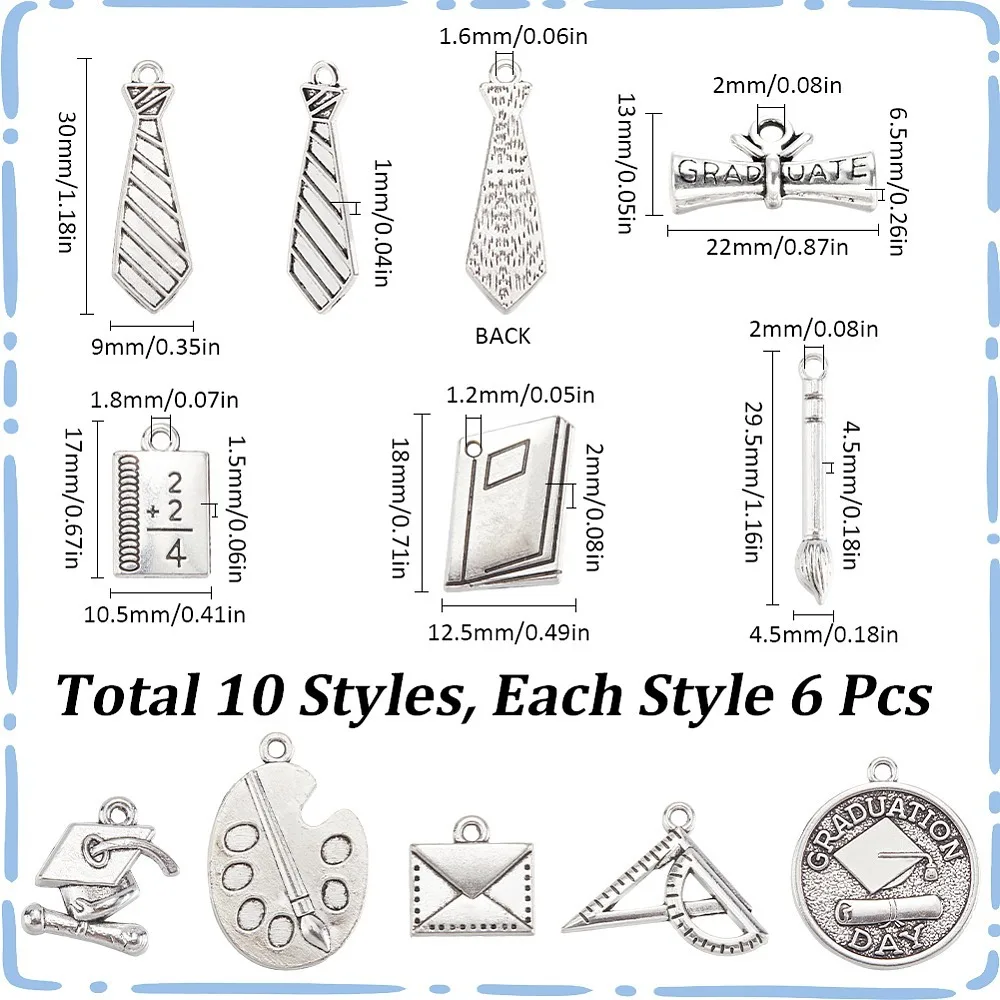 

60pcs 10Styles Style Alloy Pendants Senior Year Necktie Mixed Shapes 13~29.5x4.5~22x4.5~6.5mm Hole: 2mm 6pcs/style