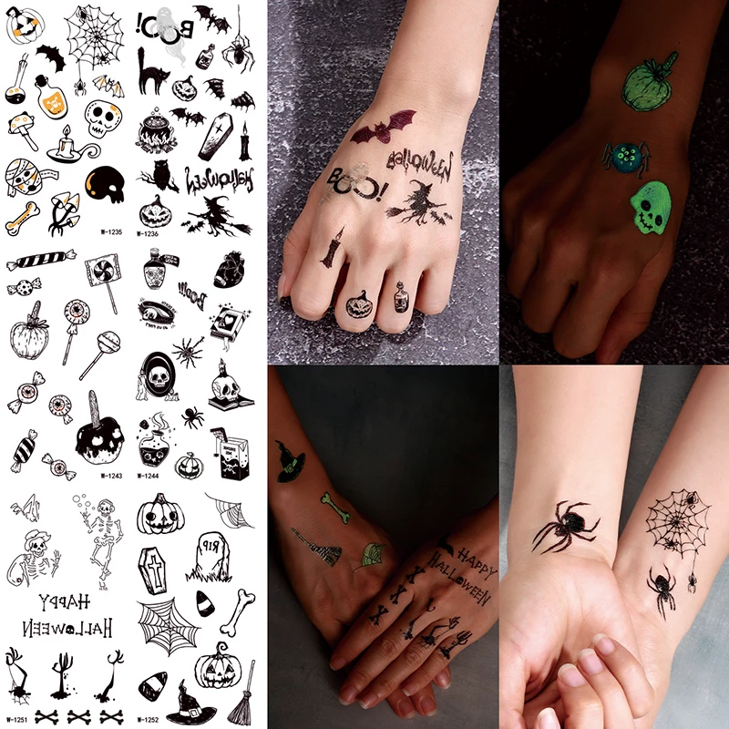 

Светящаяся временная татуировка на Хэллоуин, наклейка с тыквой, скелетом, летучей мыши, призрак, водонепроницаемая татуировка, наклейка для мужчин и женщин, боди-арт, татуировка