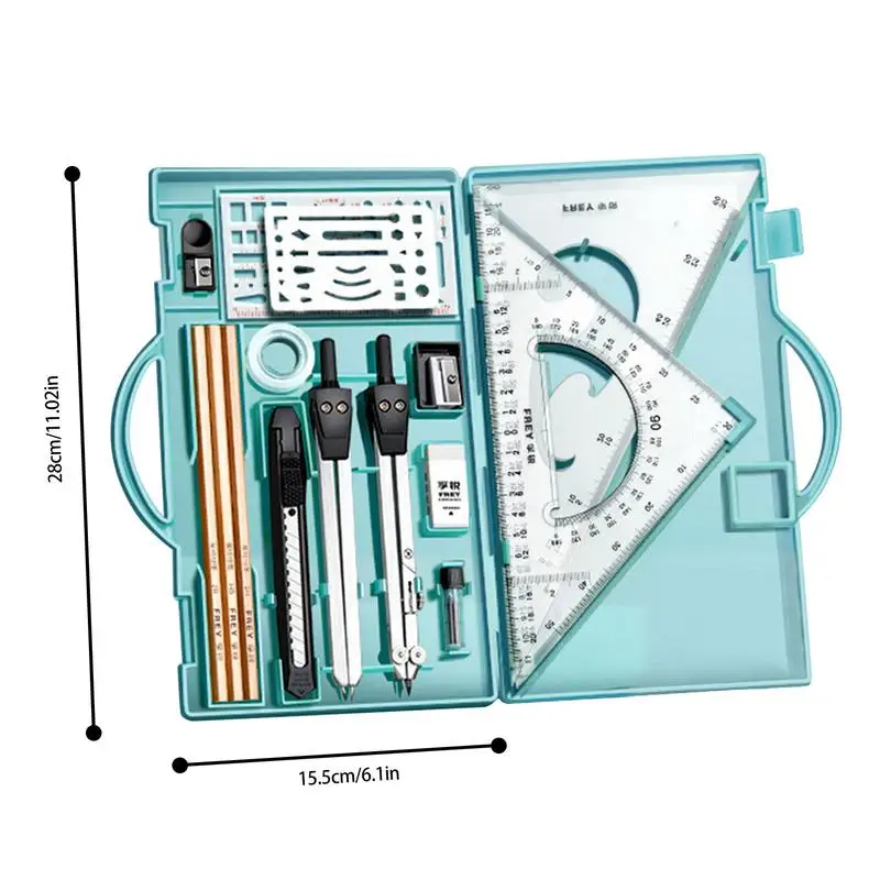 Protractor And Compass Set 16 PCS Professional Geometry Set With Metal Rulers Triangle Ruler Compass Protractor Set Drafting