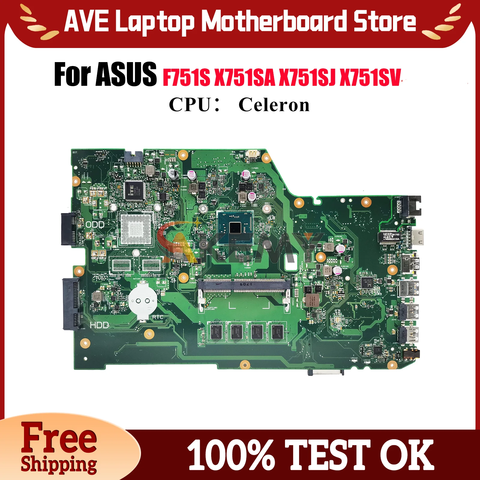 

X751SA Laptop Motherboard For ASUS VivoBook X751S F751S A751S X751SJ X751SA X751SV Mainboard With Celeron CPU 100% tests OK stk