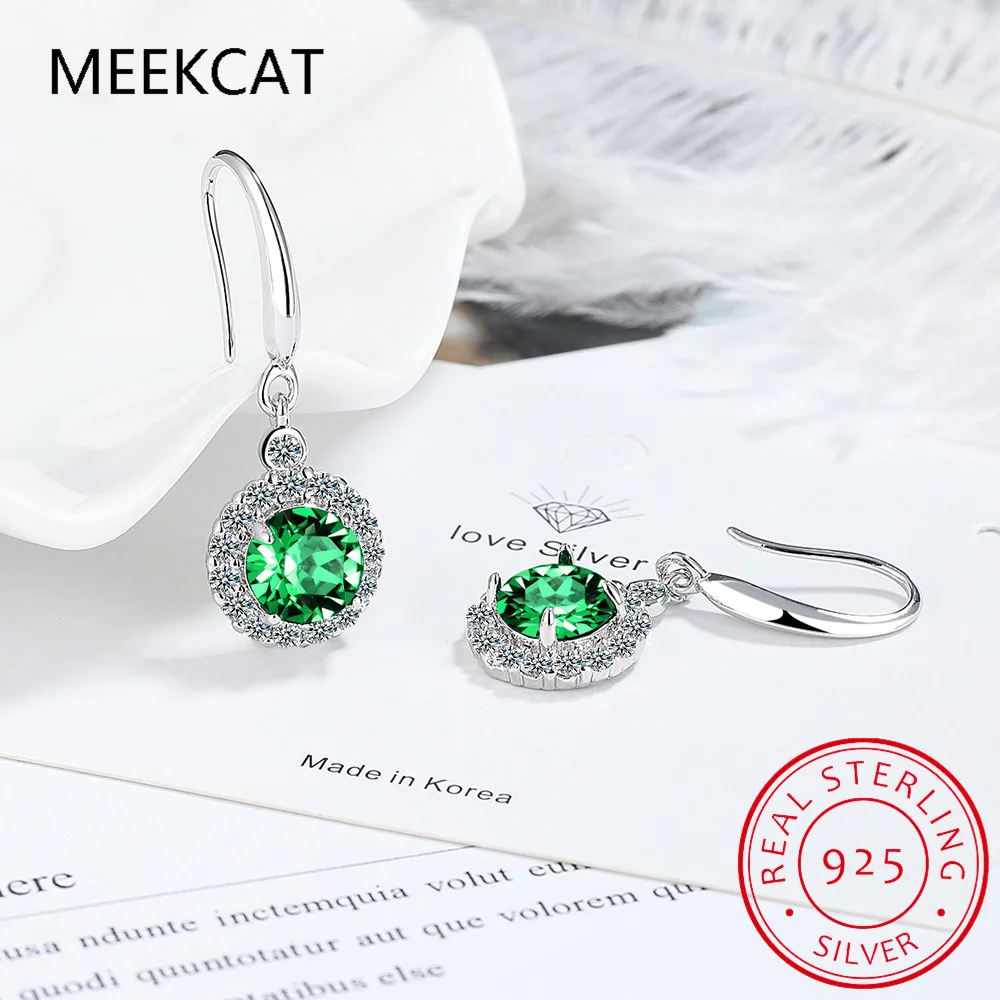 Round Green Simulated Nano Emerald 925 Sterling Silver Drop Earrings for Women Fashion Statement Gemstone Jewelry